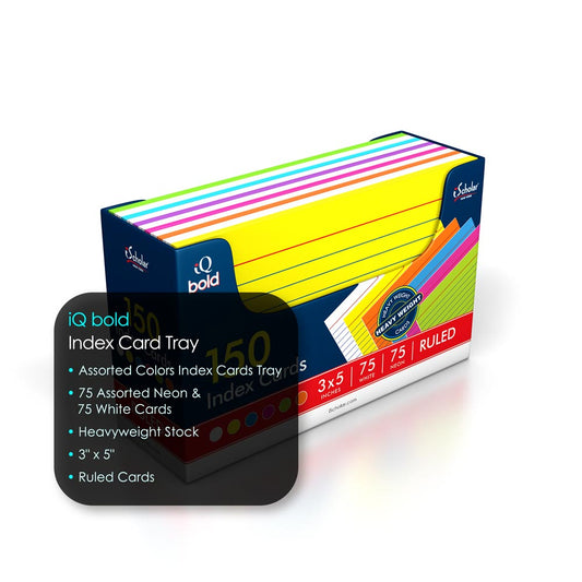 iQ BOLD Index Card Tray Ruled Asst. Colors 3 x 5in 150 Cards 03150