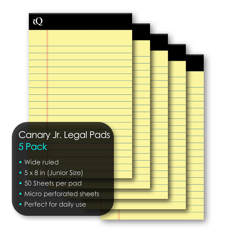 5 Pack iQ Jr. Legal Pads Canary 5 x 8in 250 Sheets 95805