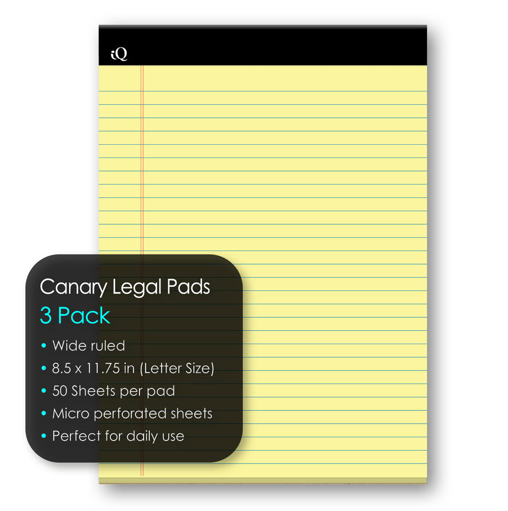 3 Pack iQ Legal Pad Canary 8.5 x 11.75in 150 Sheets 98113