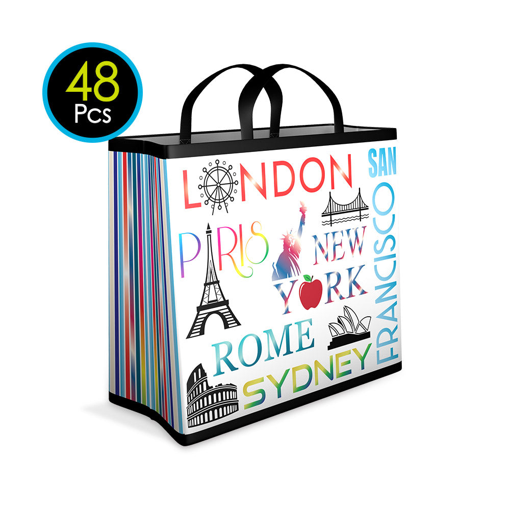 48 Pcs PP Reusable Shopping Bags World Design Large 17" x 15" x 8" 99176