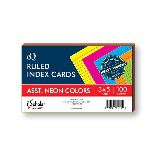 Assorted NEON Color Index Cards Ruled 3 x 5in 100 Count 03574