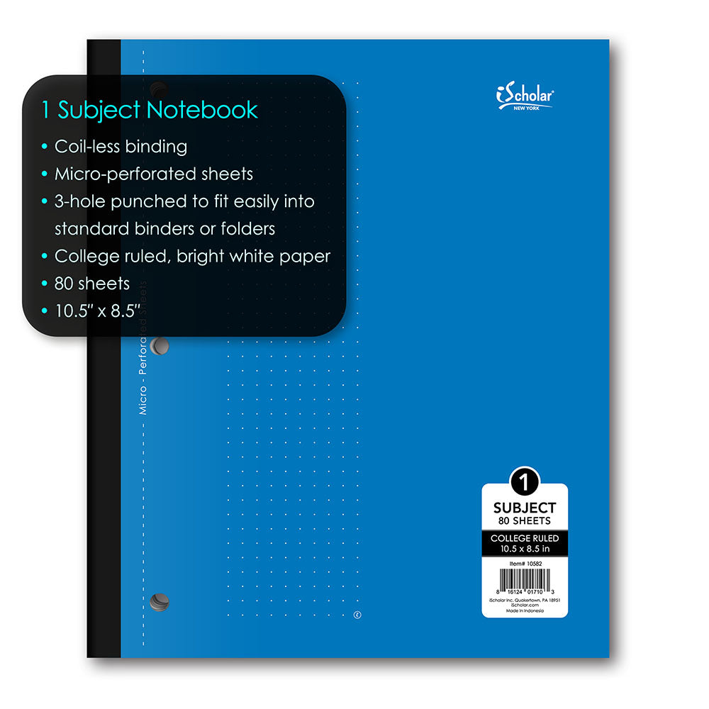 1 Subject Coil-less Notebook College Ruled 10.5 x 8.5in 80 Sheets 10582