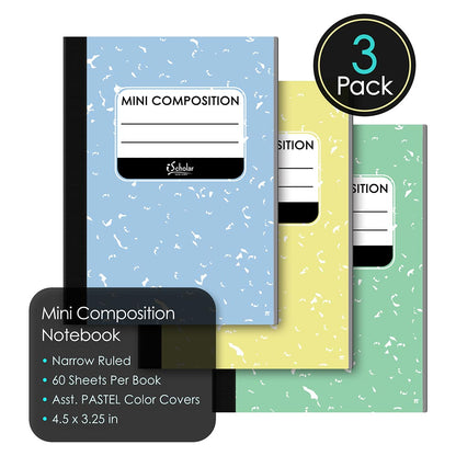 3 Pack Mini Composition Book Narrow Ruled 4.5" x 3.25" 180 Sheets 13333