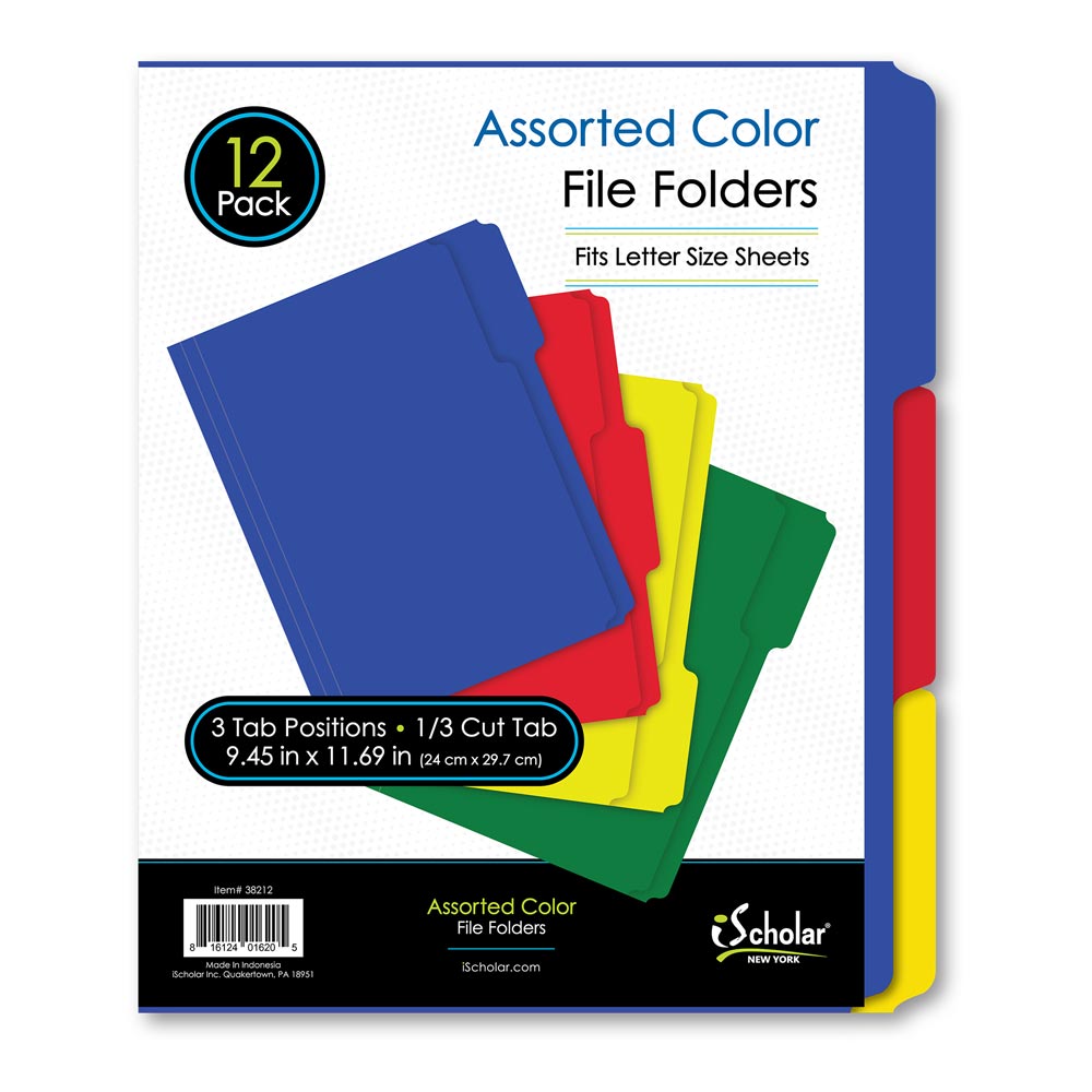 12 Pack Assorted Colors File Folders 38212