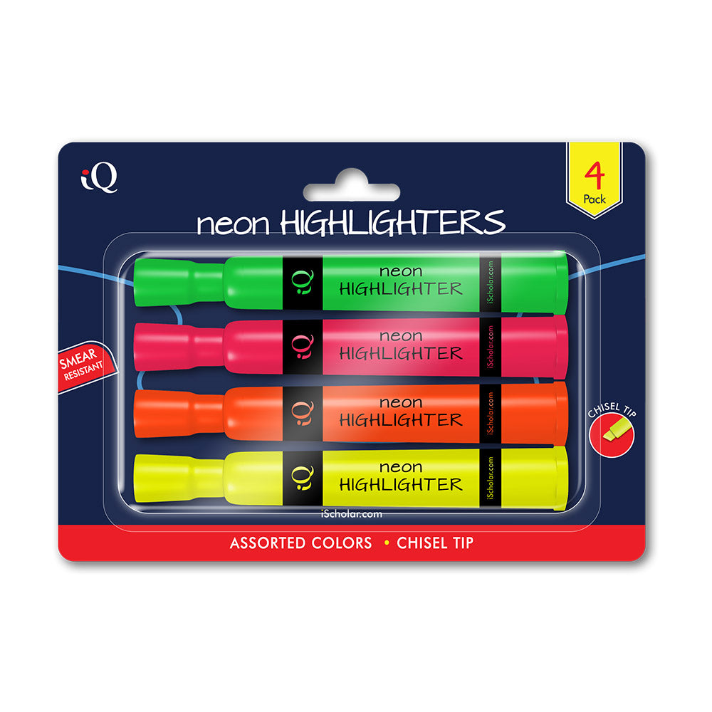 4 Pack iQ Highlighters Chisel Tip - Tank Style Asst. Colors 44704