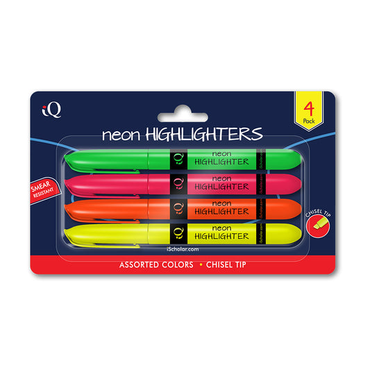 4 Pack iQ Highlighters Chisel Tip - Pen Style Asst. Colors 44705