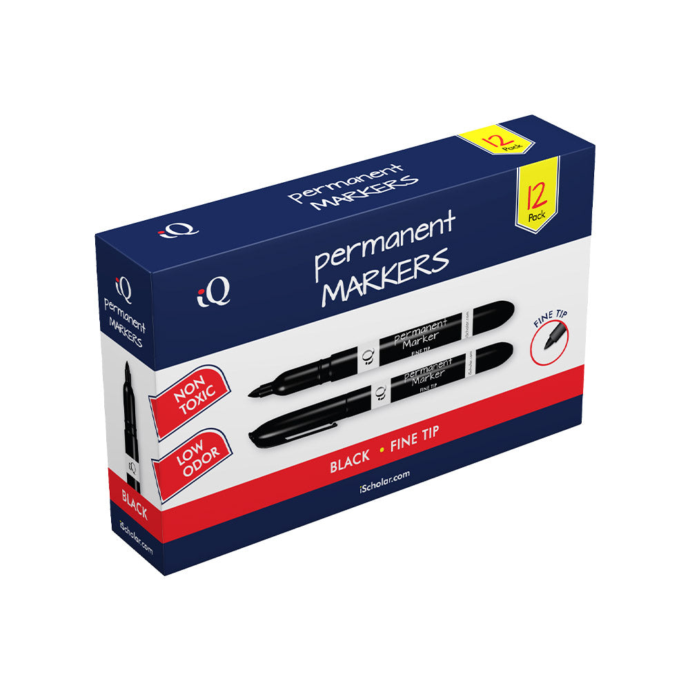 12 Pack iQ Permanent Markers Fine Tip - Pen Style Black 48012