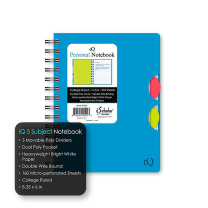 iQ Personal Poly Double Wire Notebook College Ruled 7" x 5" 100 Sheets 57502