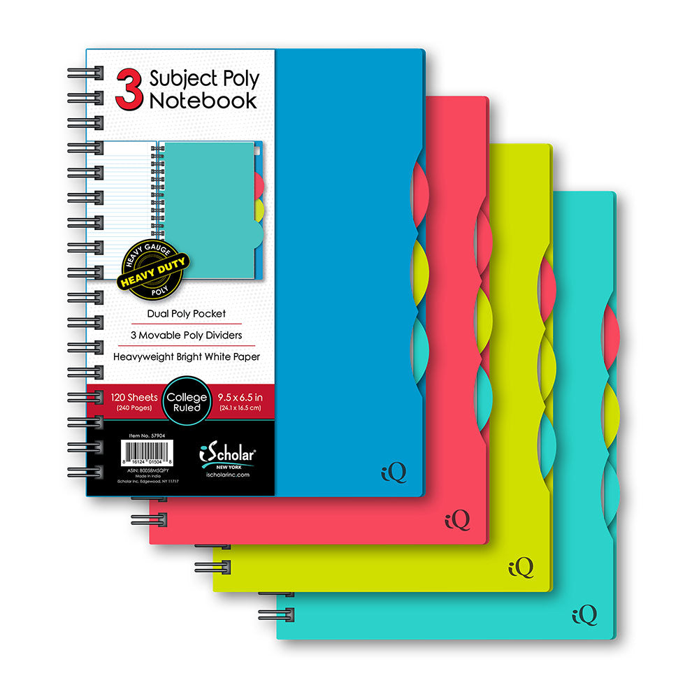 iQ 3 Subject Poly Double Wire Notebook College Ruled 9.5" x 6.5"  120 Sheets 57904