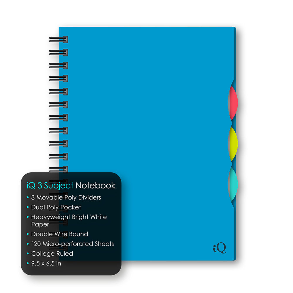 iQ 3 Subject Poly Double Wire Notebook College Ruled 9.5" x 6.5"  120 Sheets 57904