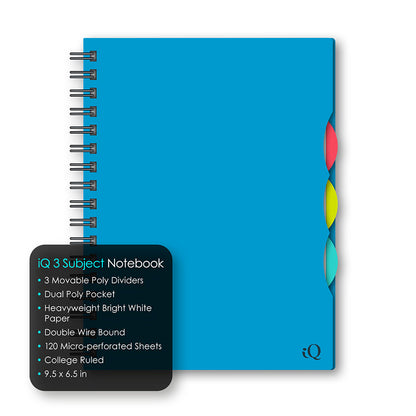 iQ 3 Subject Poly Double Wire Notebook College Ruled 9.5" x 6.5"  120 Sheets 57904
