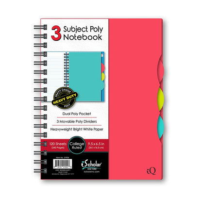 iQ 3 Subject Poly Double Wire Notebook College Ruled 9.5" x 6.5"  120 Sheets 57904