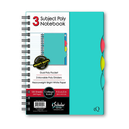iQ 3 Subject Poly Double Wire Notebook College Ruled 9.5" x 6.5"  120 Sheets 57904