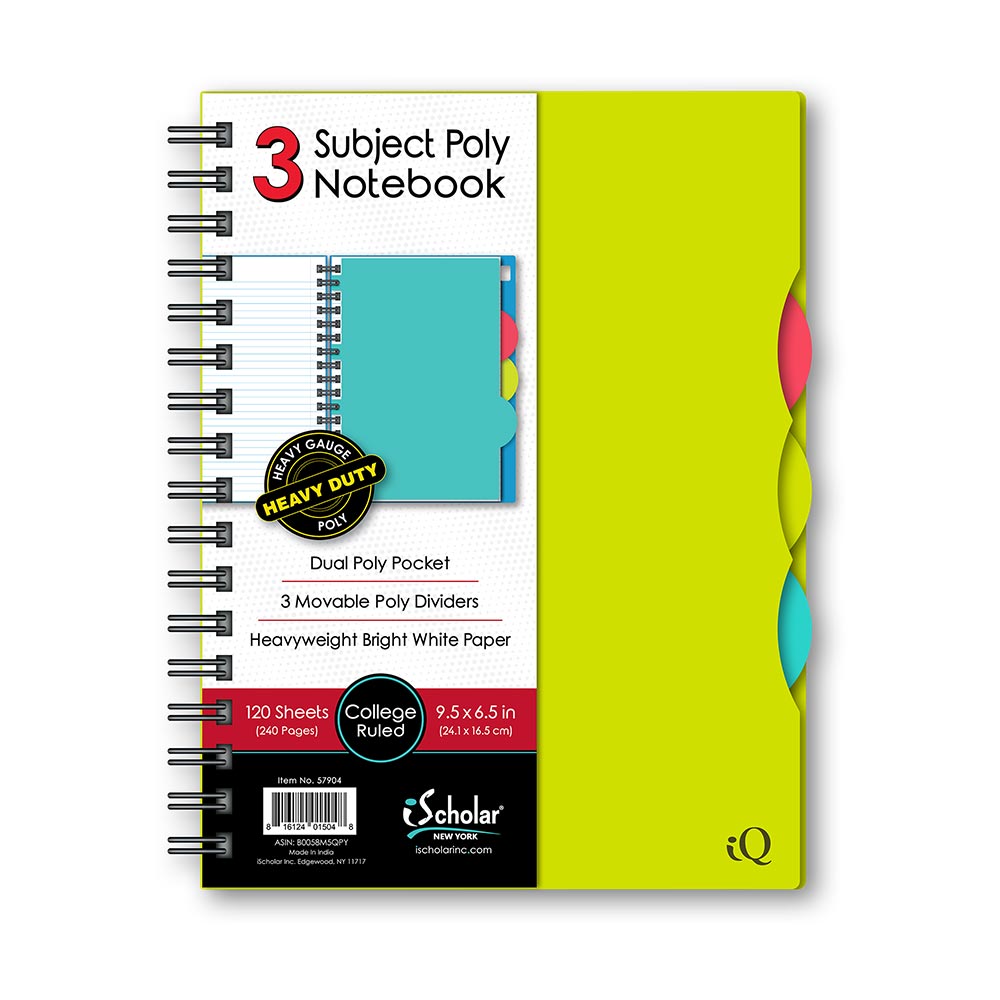 iQ 3 Subject Poly Double Wire Notebook College Ruled 9.5" x 6.5"  120 Sheets 57904