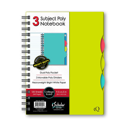 iQ 3 Subject Poly Double Wire Notebook College Ruled 9.5" x 6.5"  120 Sheets 57904