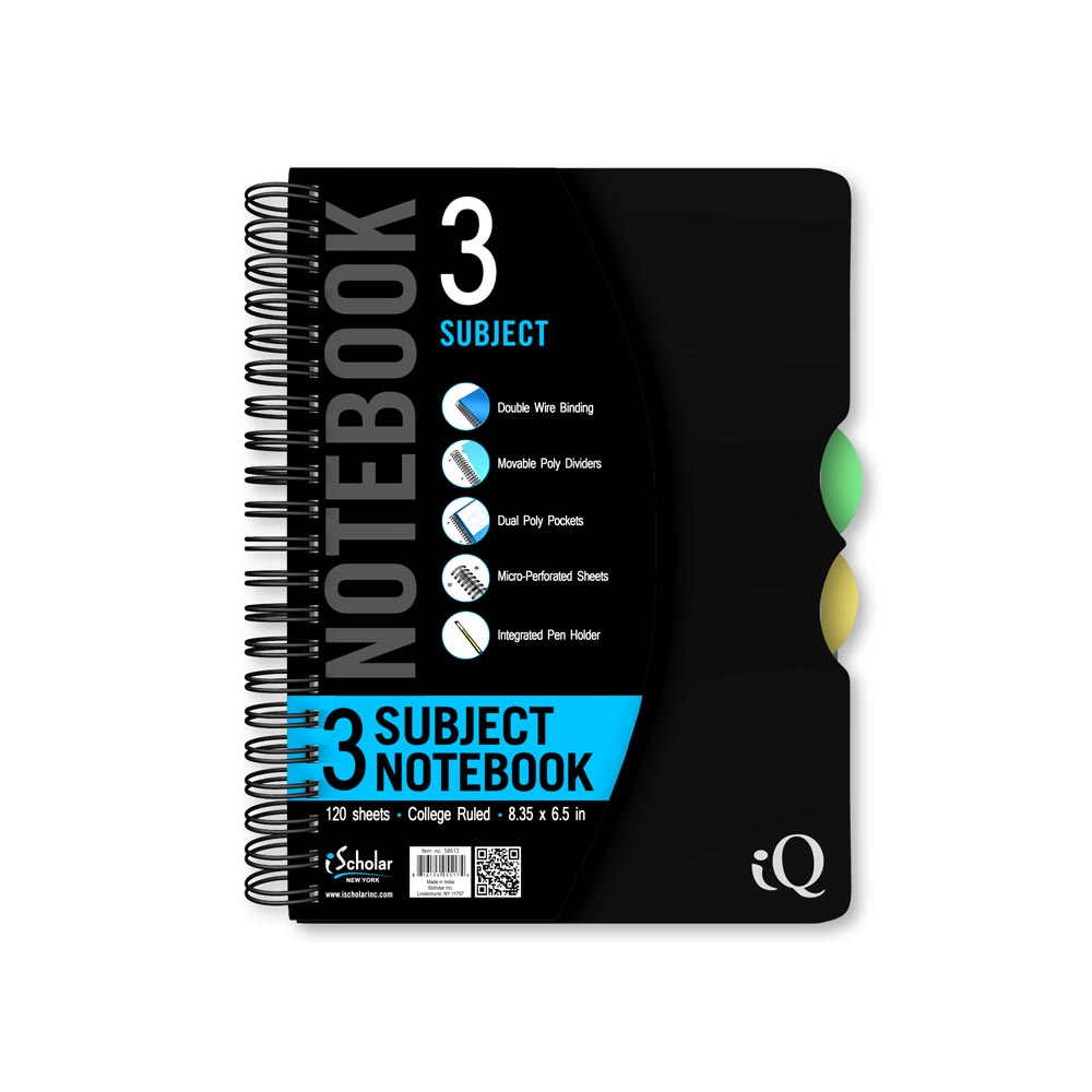 iQ 3 Subject Poly Double Wire Notebook College Ruled 8.35" x 6.5" 120 Sheets 58613