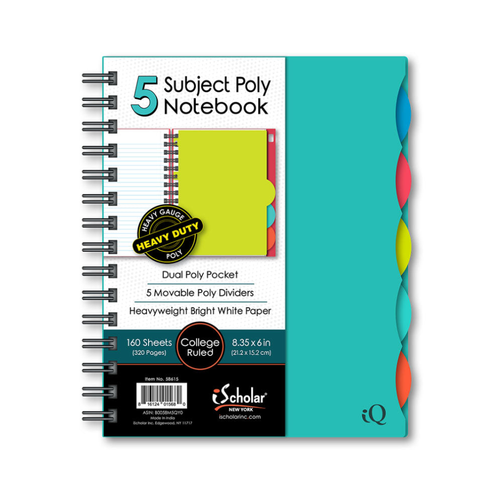iQ 5 Subject Poly Double Wire Notebook College Ruled 8.35" x 6" 160 Sheets 58615