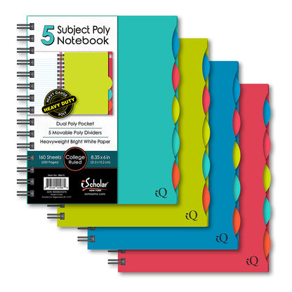 iQ 5 Subject Poly Double Wire Notebook College Ruled 8.35" x 6" 160 Sheets 58615