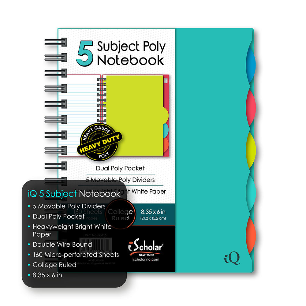 iQ 5 Subject Poly Double Wire Notebook College Ruled 8.35" x 6" 160 Sheets 58615