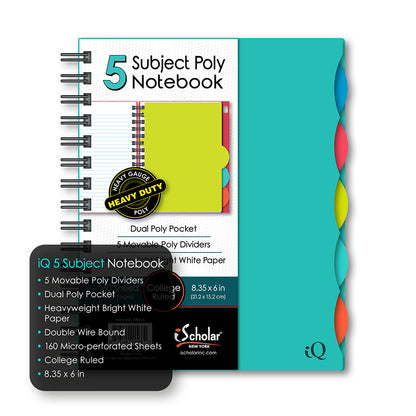 iQ 5 Subject Poly Double Wire Notebook College Ruled 8.35" x 6" 160 Sheets 58615
