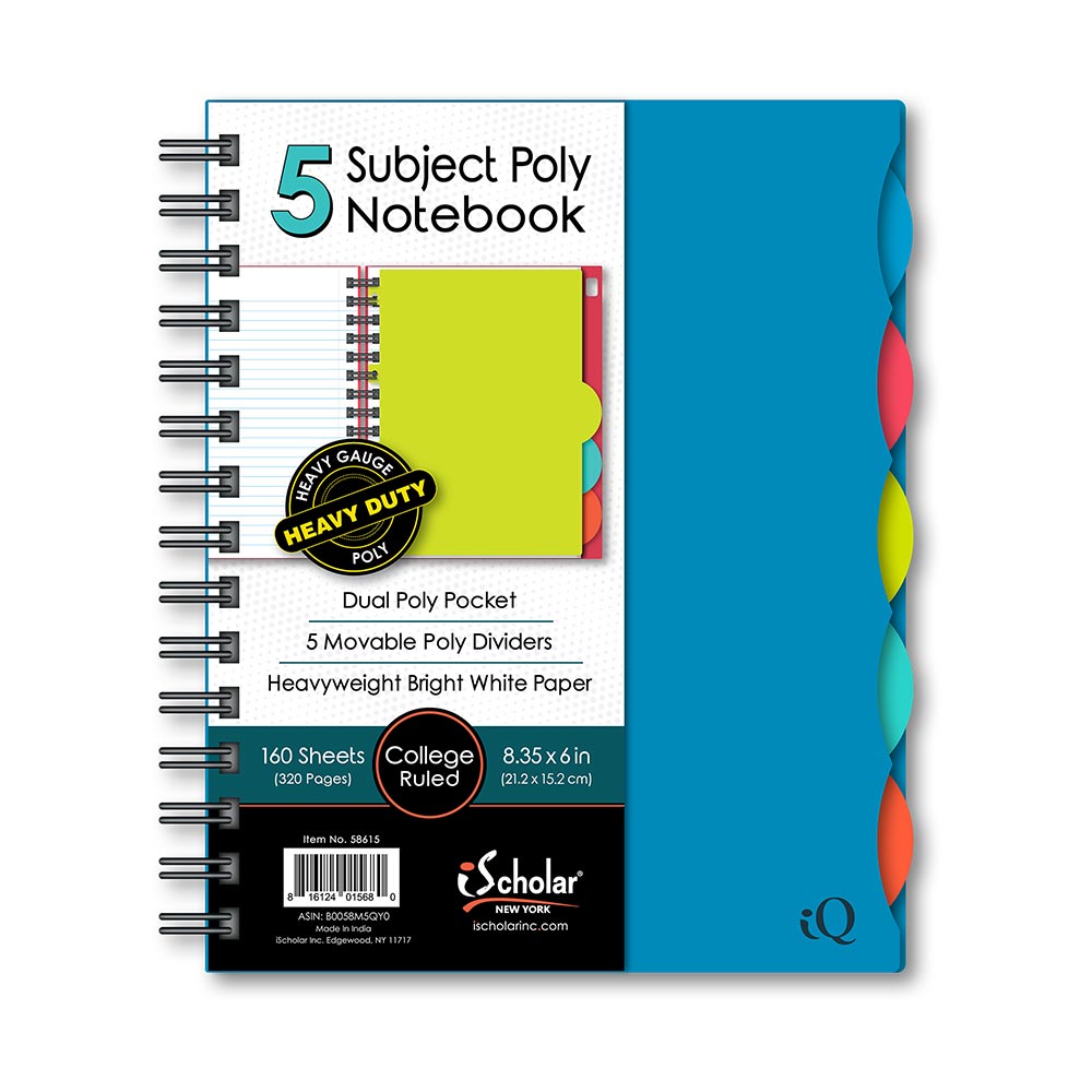 iQ 5 Subject Poly Double Wire Notebook College Ruled 8.35" x 6" 160 Sheets 58615