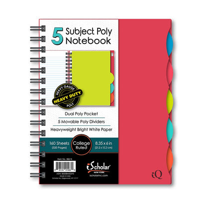 iQ 5 Subject Poly Double Wire Notebook College Ruled 8.35" x 6" 160 Sheets 58615