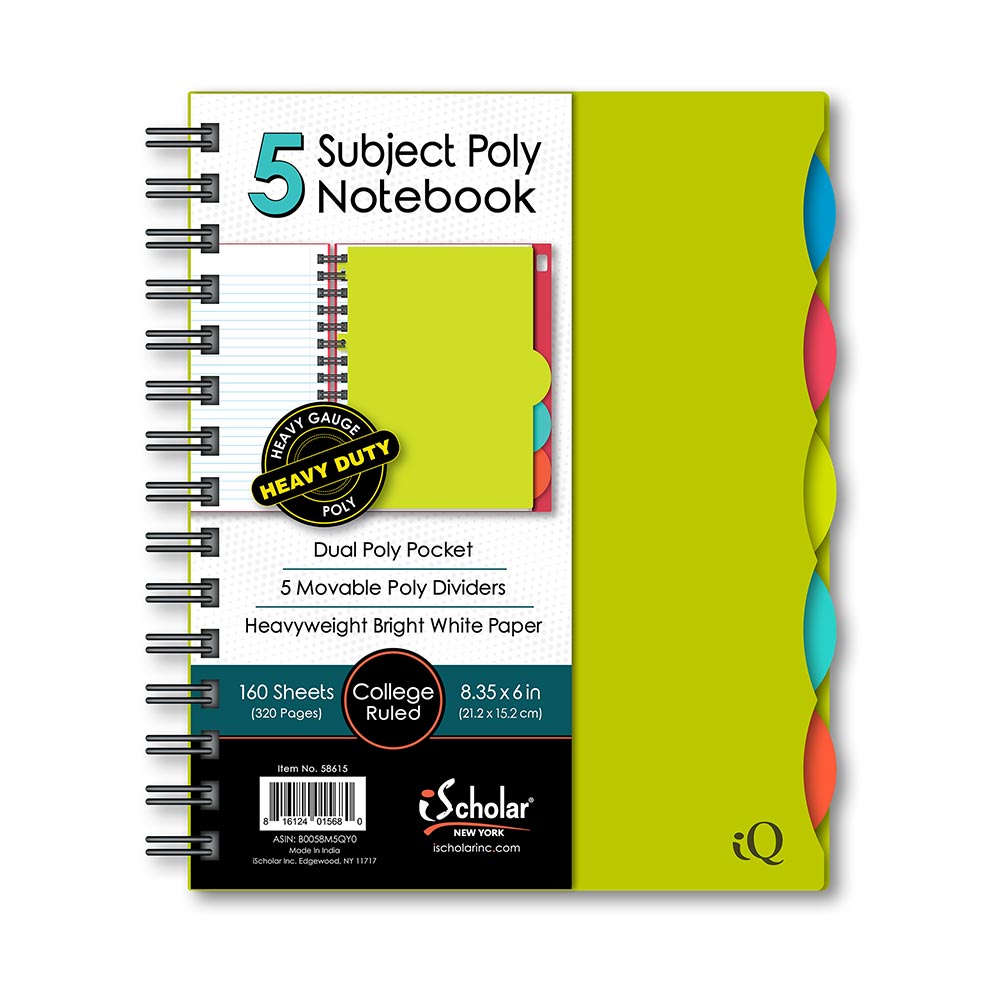 iQ 5 Subject Poly Double Wire Notebook College Ruled 8.35" x 6" 160 Sheets 58615