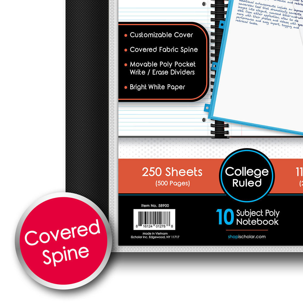 iQ+ Premium 10 Subject Poly Notebook College Ruled  11 x 9in 250 Sheets 58900