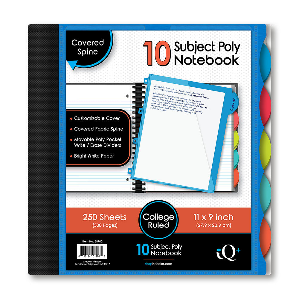 iQ+ Premium 10 Subject Poly Notebook College Ruled  11 x 9in 250 Sheets 58900