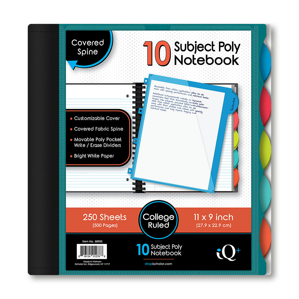 iQ+ Premium 10 Subject Poly Notebook College Ruled  11 x 9in 250 Sheets 58900