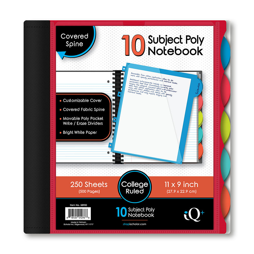 iQ+ Premium 10 Subject Poly Notebook College Ruled  11 x 9in 250 Sheets 58900