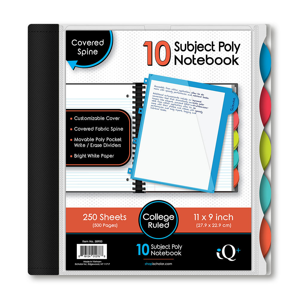 iQ+ Premium 10 Subject Poly Notebook College Ruled  11 x 9in 250 Sheets 58900