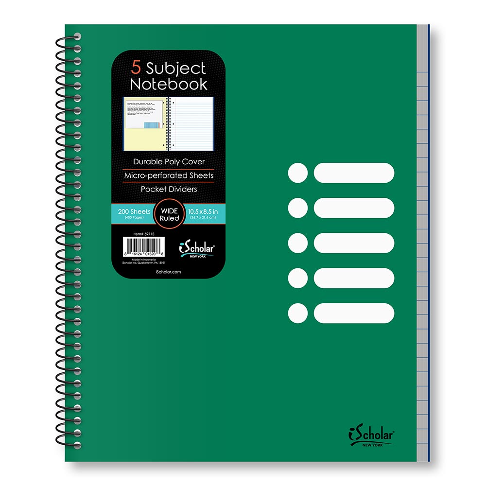 5 Subject Poly Notebook Wide Ruled 10.5" x 8.5" 200 Sheets 59715