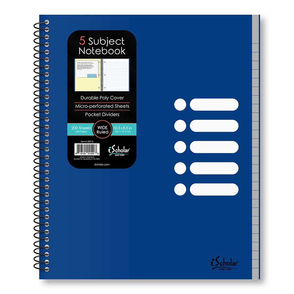 5 Subject Poly Notebook Wide Ruled 10.5" x 8.5" 200 Sheets 59715