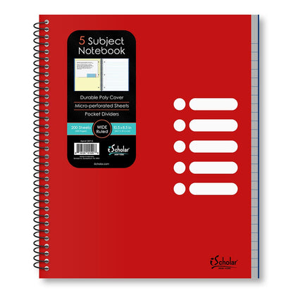 5 Subject Poly Notebook Wide Ruled 10.5" x 8.5" 200 Sheets 59715