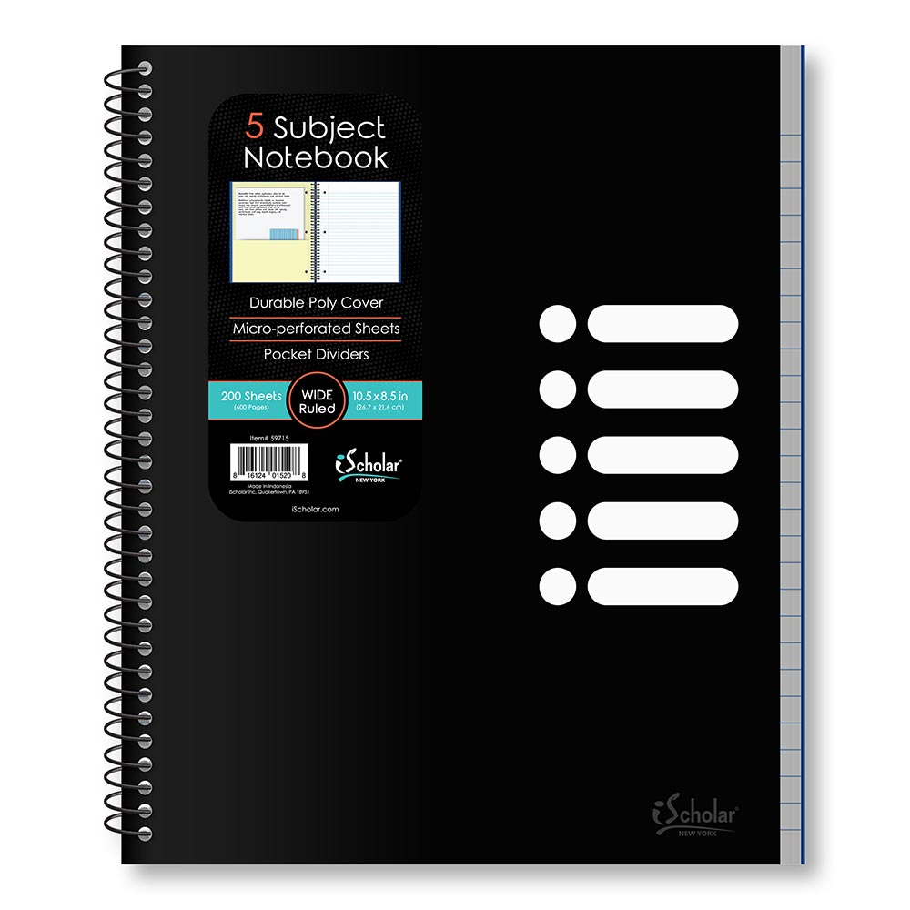 5 Subject Poly Notebook Wide Ruled 10.5" x 8.5" 200 Sheets 59715