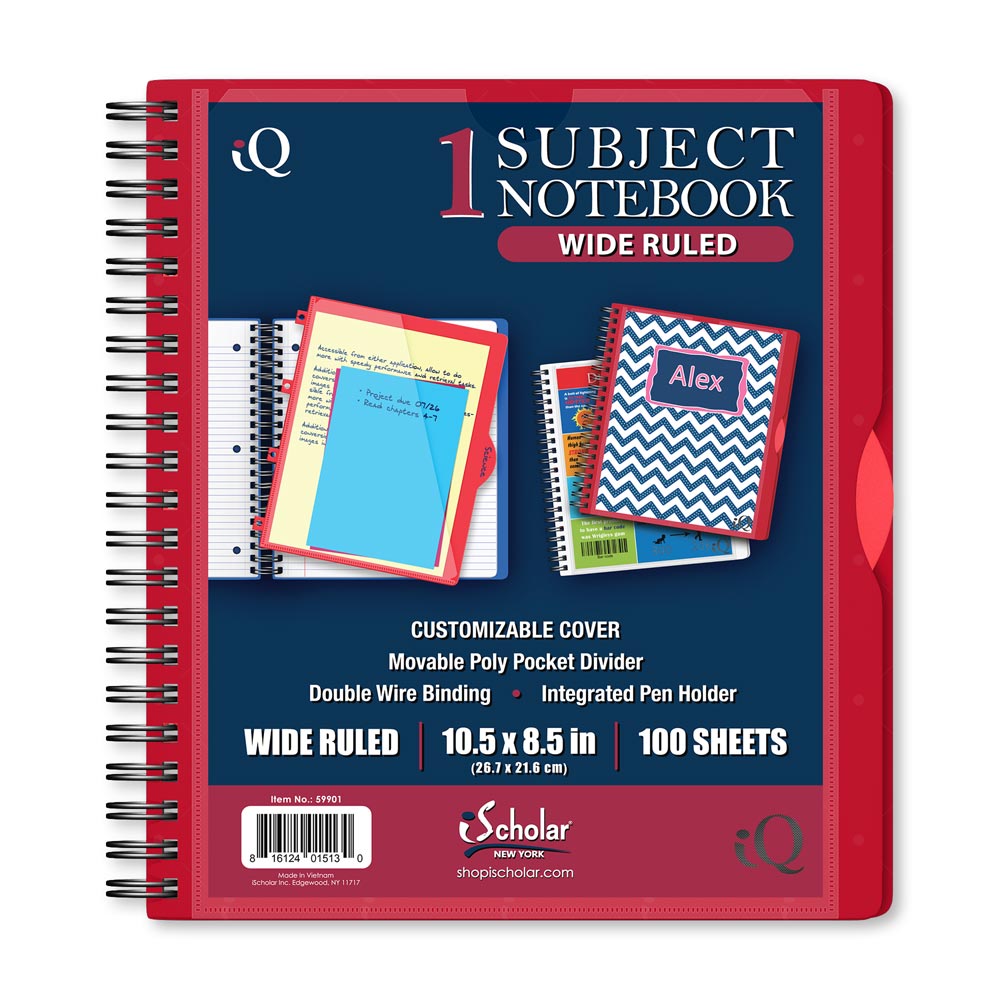 iQ Premium 1 Subject Poly Notebook Wide Ruled 10.5 x 8.5in 100 Sheets 59901