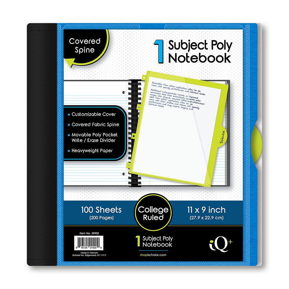 iQ+ Premium 1 Subject Poly Notebook College Ruled  11 x 9in 100 Sheets 59902