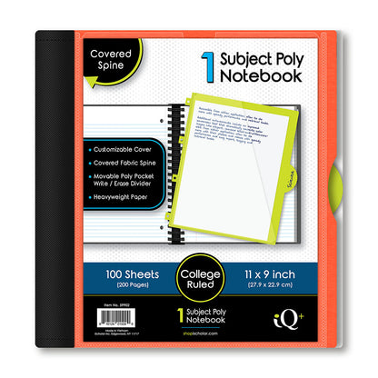 iQ+ Premium 1 Subject Poly Notebook College Ruled  11 x 9in 100 Sheets 59902