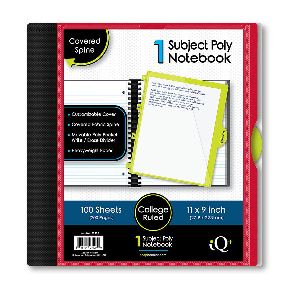 iQ+ Premium 1 Subject Poly Notebook College Ruled  11 x 9in 100 Sheets 59902
