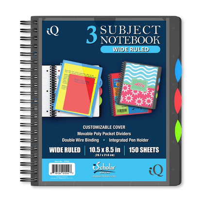iQ Premium 3 Subject Poly Notebook Wide Ruled 10.5 x 8.5in 150 Sheets 59903