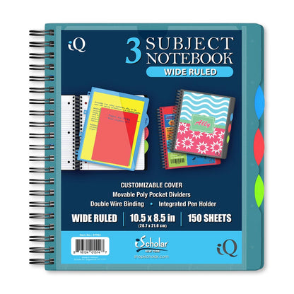 iQ Premium 3 Subject Poly Notebook Wide Ruled 10.5 x 8.5in 150 Sheets 59903