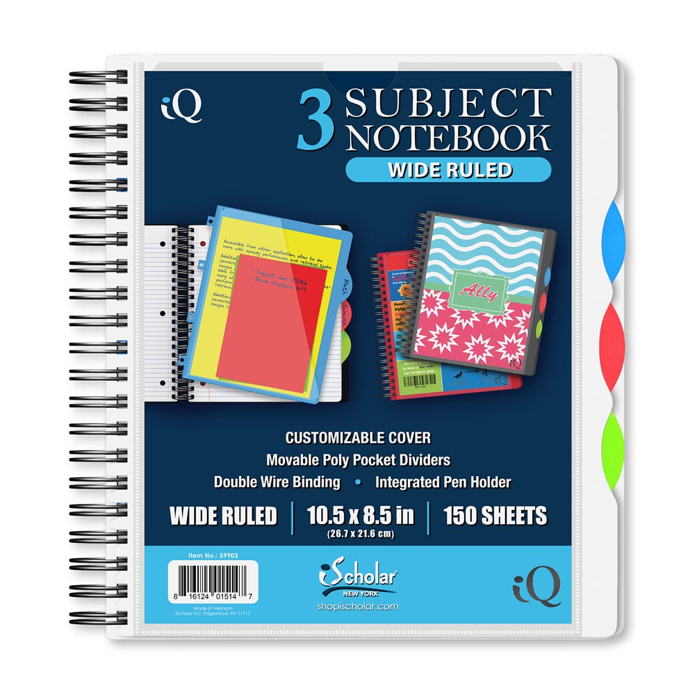 iQ Premium 3 Subject Poly Notebook Wide Ruled 10.5 x 8.5in 150 Sheets 59903