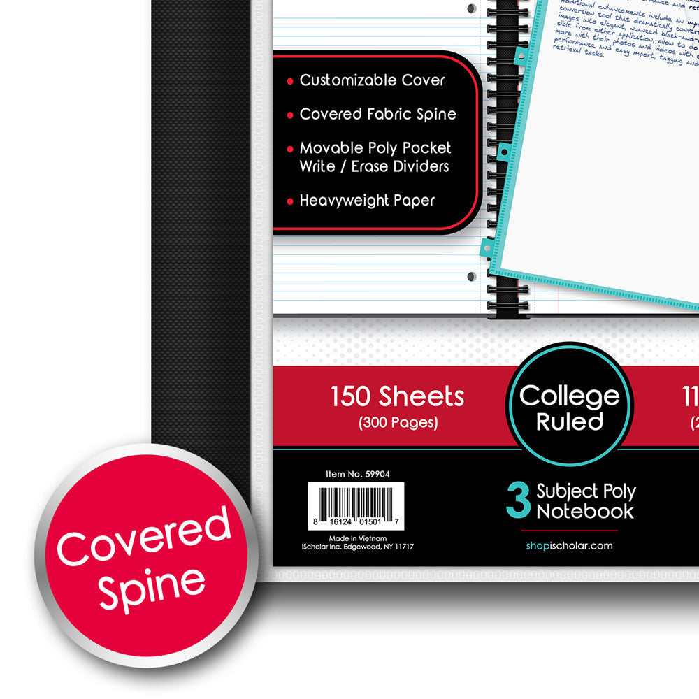 iQ+ Premium 3 Subject Poly Notebook College Ruled  11 x 9in 150 Sheets 59904