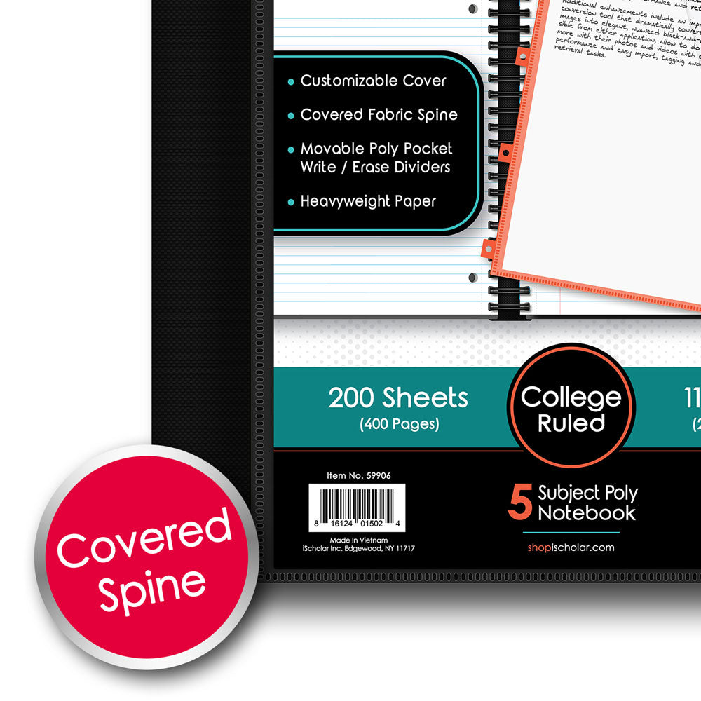 iQ+ Premium 5 Subject Poly Notebook College Ruled  11 x 9in 200 Sheets 59906