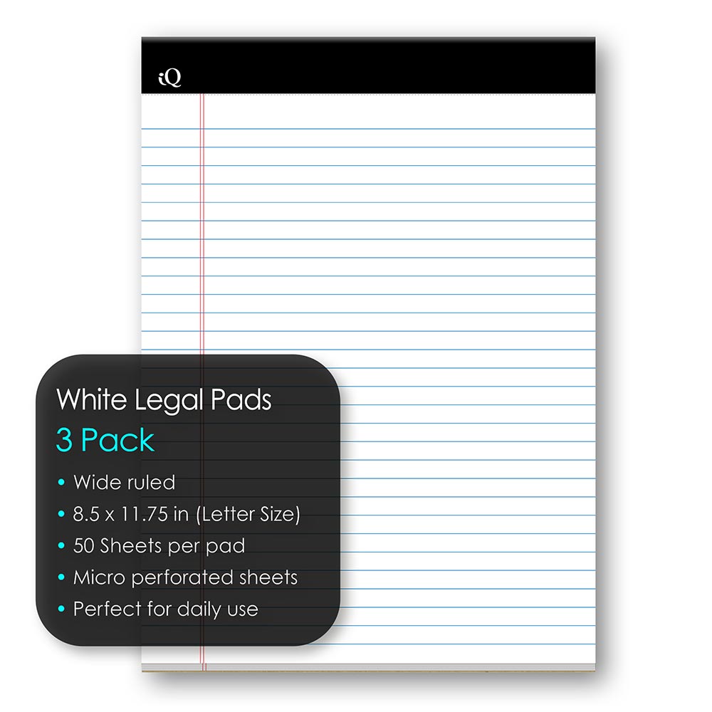 3 Pack iQ Legal Pad White 8.5 x 11.75in 150 Sheets 68113