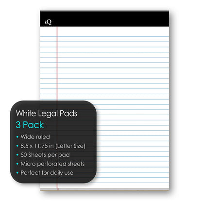 3 Pack iQ Legal Pad White 8.5 x 11.75in 150 Sheets 68113