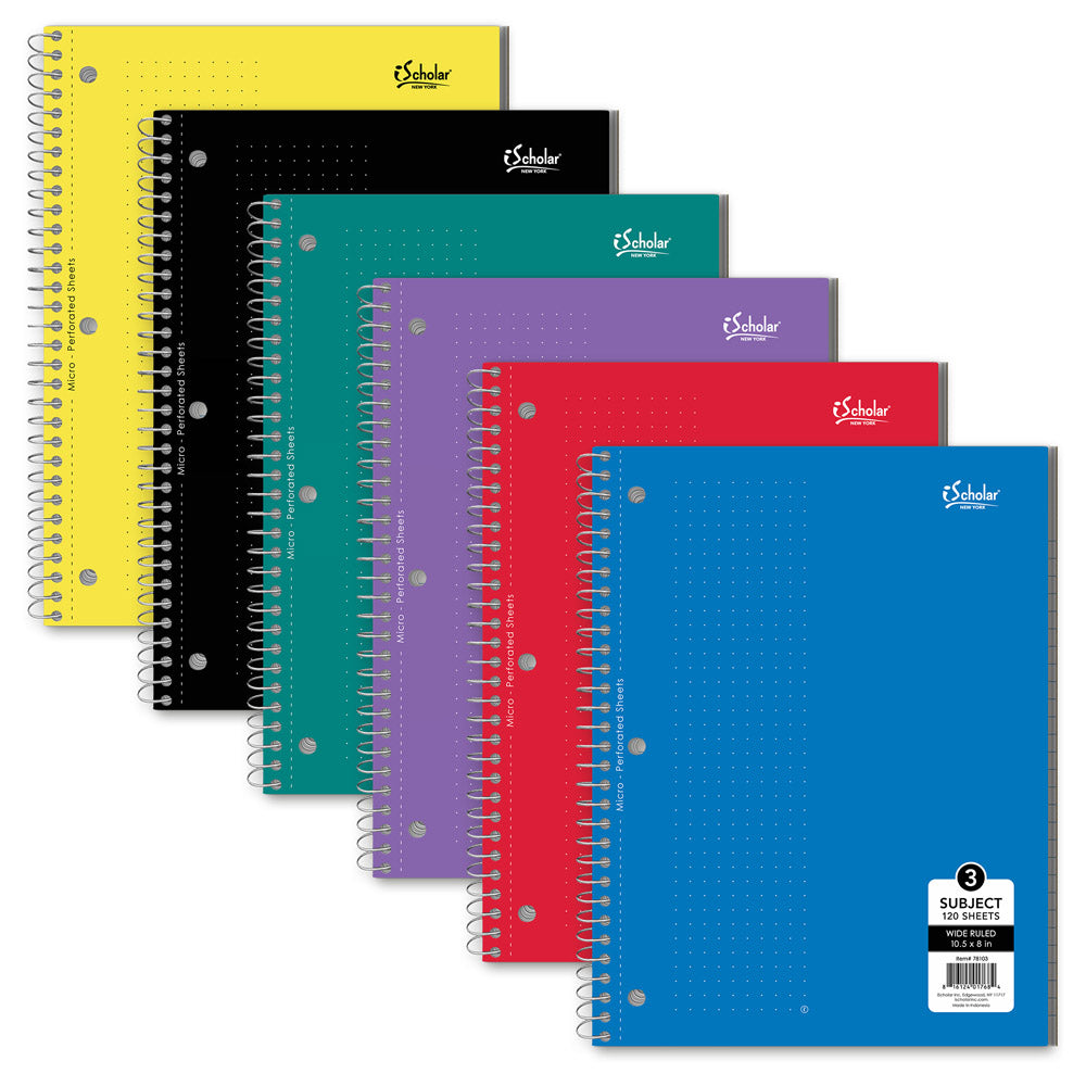 3 Subject Wirebound Notebook Wide Ruled 10.5 x 8in 120 Sheets 78103