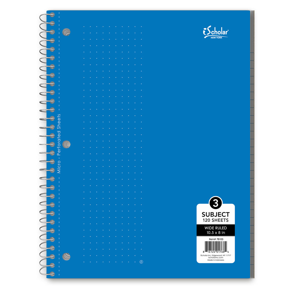 3 Subject Wirebound Notebook Wide Ruled 10.5 x 8in 120 Sheets 78103