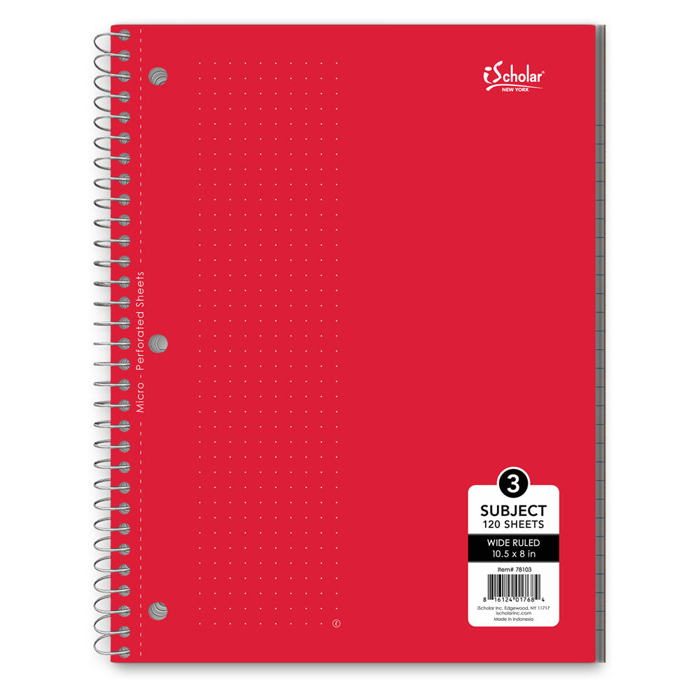 3 Subject Wirebound Notebook Wide Ruled 10.5 x 8in 120 Sheets 78103